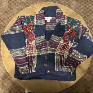 Casual Corner Navy and Multicolor Embroidered Cardigan